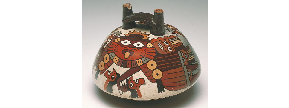 <p>Bridge-spouted vessel with flying creatures, from the Nasca River Valley, Peru, Nasca, ca. 50-200 CE. </p>