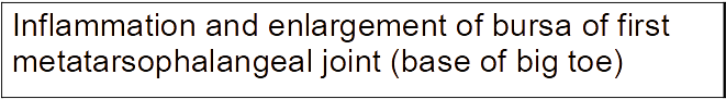 <p>Inflammation and enlargement of bursa of first</p><p>metatarsophalangeal joint (base of big toe</p>