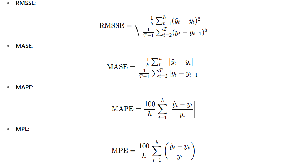 <p>Allow us to compare different time series on different scales (e.g cm vs meters)</p><p>MAPE</p><p>MASE (Mean Adjusted<br>MPE (Mean Percentage Error)</p><p>RMSSE </p>