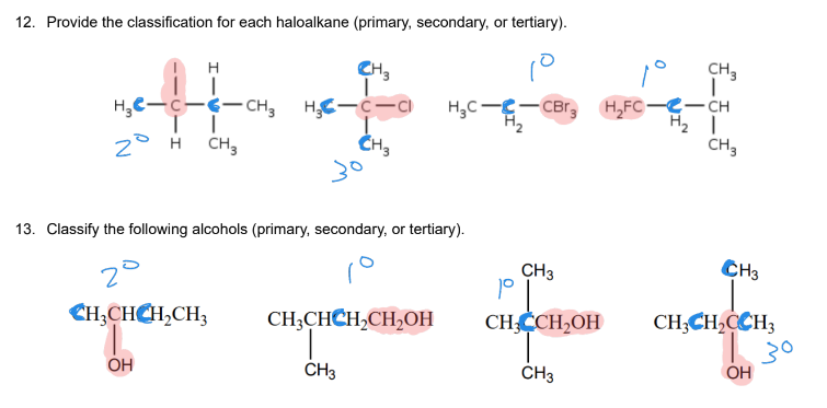 <p>track the carbon that the functional group is connected to and count the number of carbons that it’s attached to (1= primary, 2= secondary, 3= tertiary)</p>