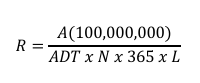 <p>Where: <br>A = number of accidents during period of analysis <br>ADT = average daily traffic <br>N = time period in years <br>L = length of segment in mile</p>