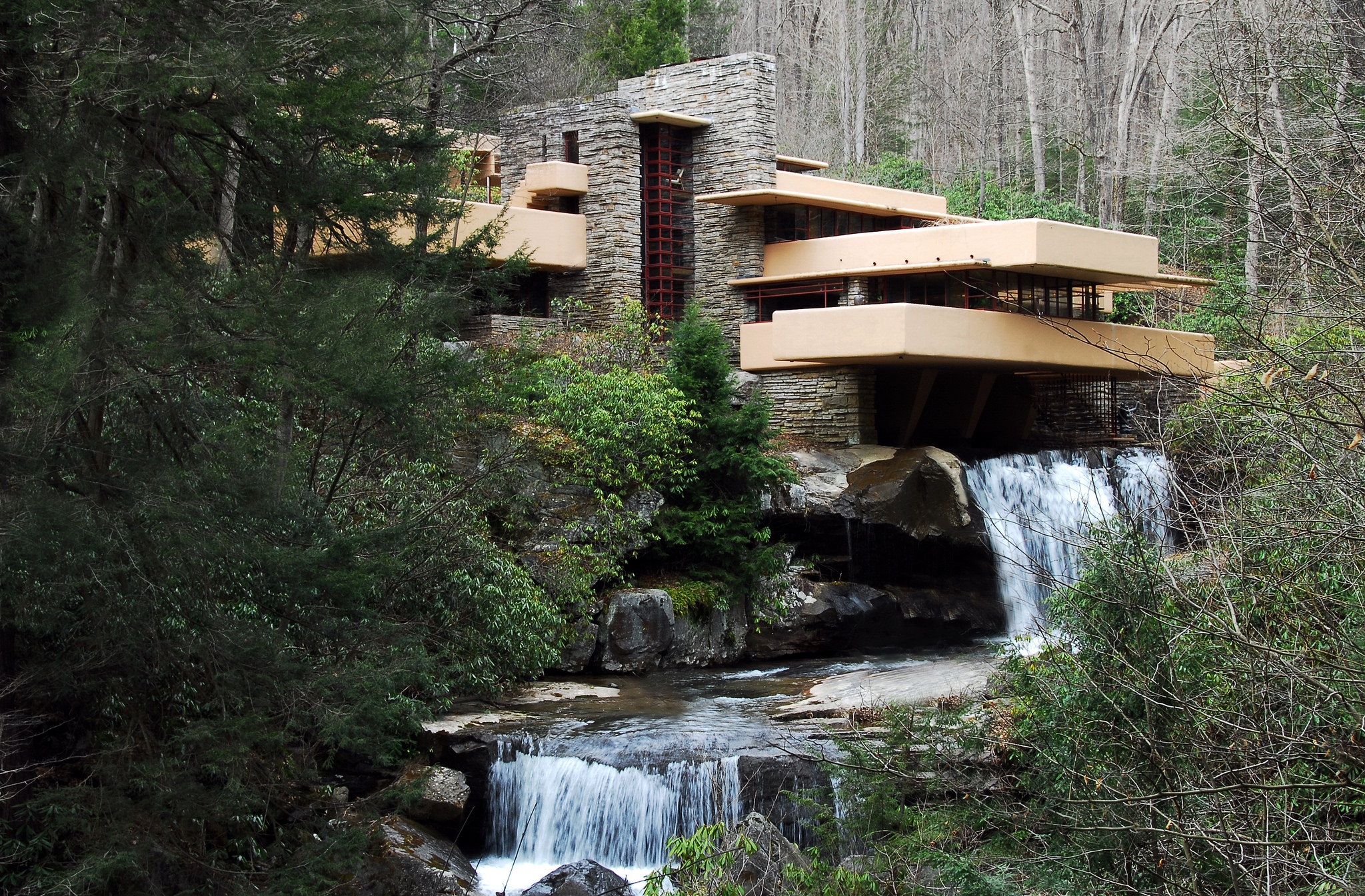 <ul><li><p>Created by Frank Lloyd Wright in 1936-39 CE</p></li><li><p>reinforced concrete, sandstone, steel, and glass</p></li><li><p>In Bear Run, PA</p></li></ul><p></p>