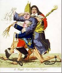 This cartoon portrays the social regime during/before the French Revolution. The Third Estate in shackles. The king on top of the Third Estate with the satchel. Clergy behind the king and the nobility behind the clergy.
