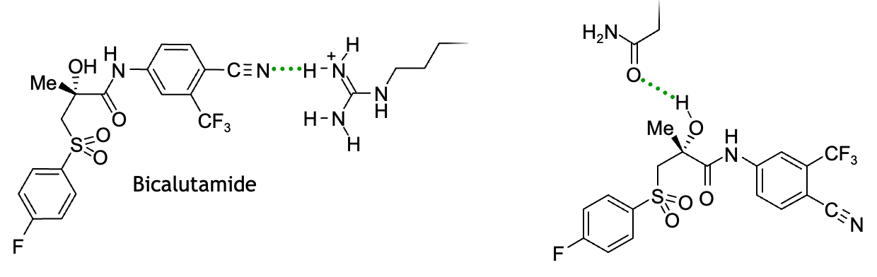 <p>binds using nitrile of the bicalutamide and forms a H-bond with the amine of the Arg 752</p><p>No Thr877 binding</p><p>on the other end of it’s molecule it has another with Asn705 and forms a hydrogen bond at the hydroxyl group of the bicaludamine with the carboxyl of the Asn705</p>