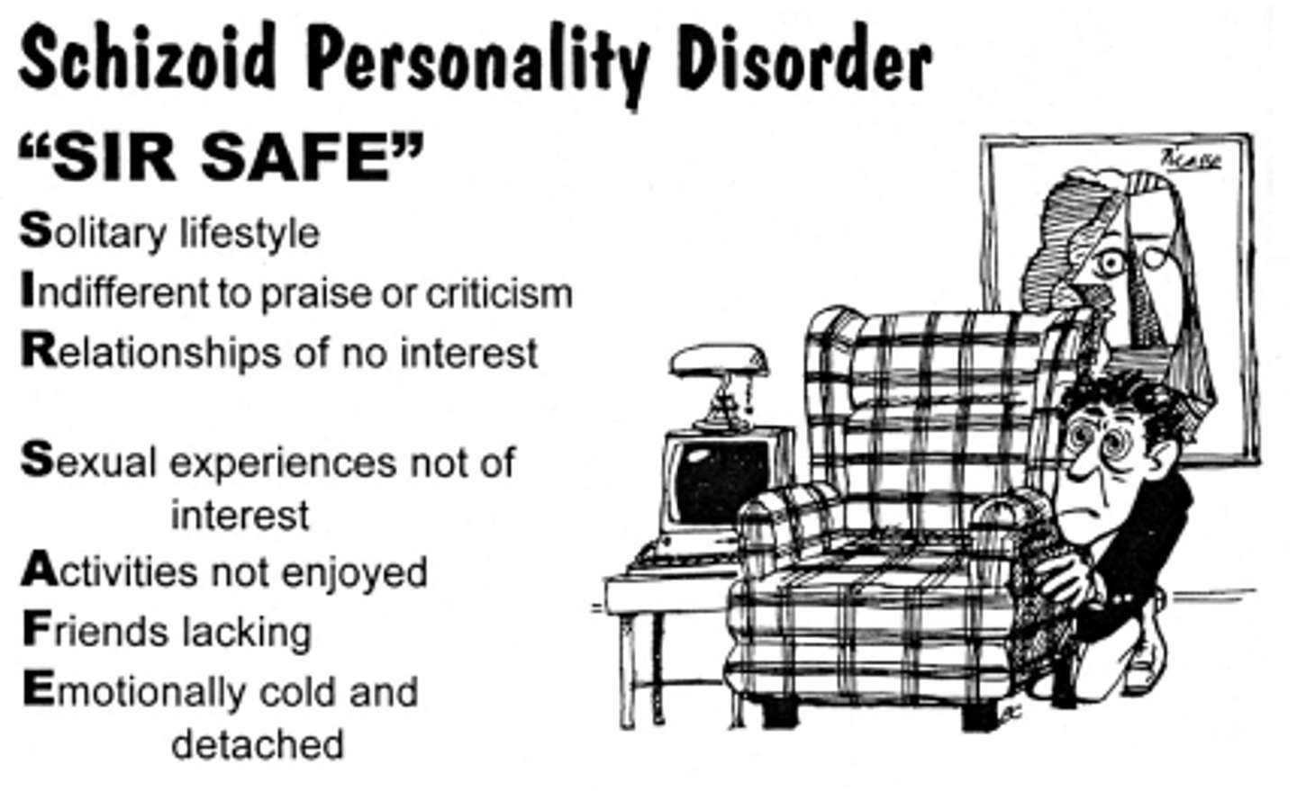 <p>a personality disorder characterized by persistent avoidance of social relationships and little expression of emotion</p>