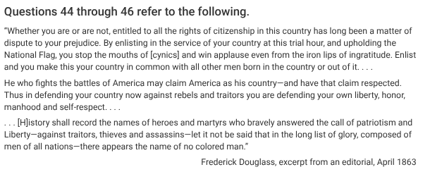 <p>Which of the following best explains Douglass’ point of view in the excerpt?</p>