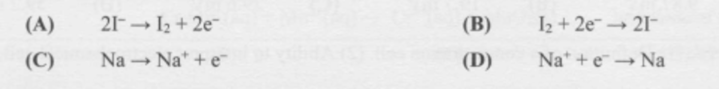 <p>What half-reaction occurs at the annode during the electrolysis of molten sodium iodide?</p>