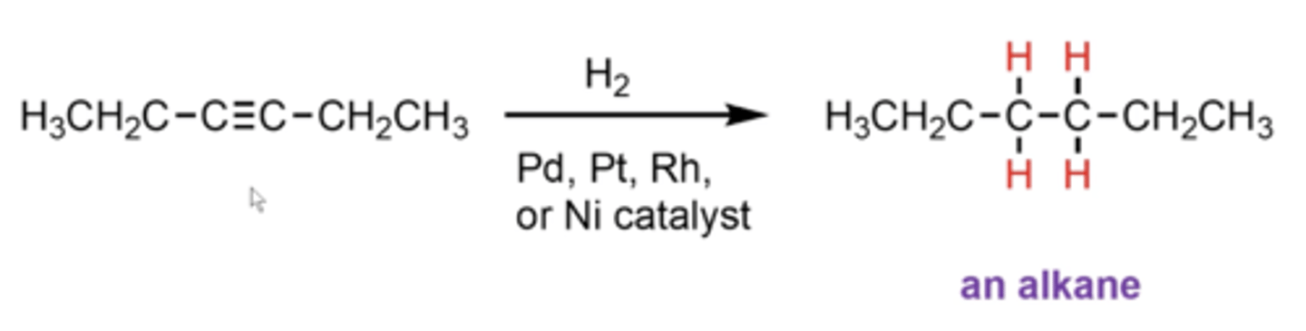 <p>alkynes get reduced all the way down to alkanes</p>