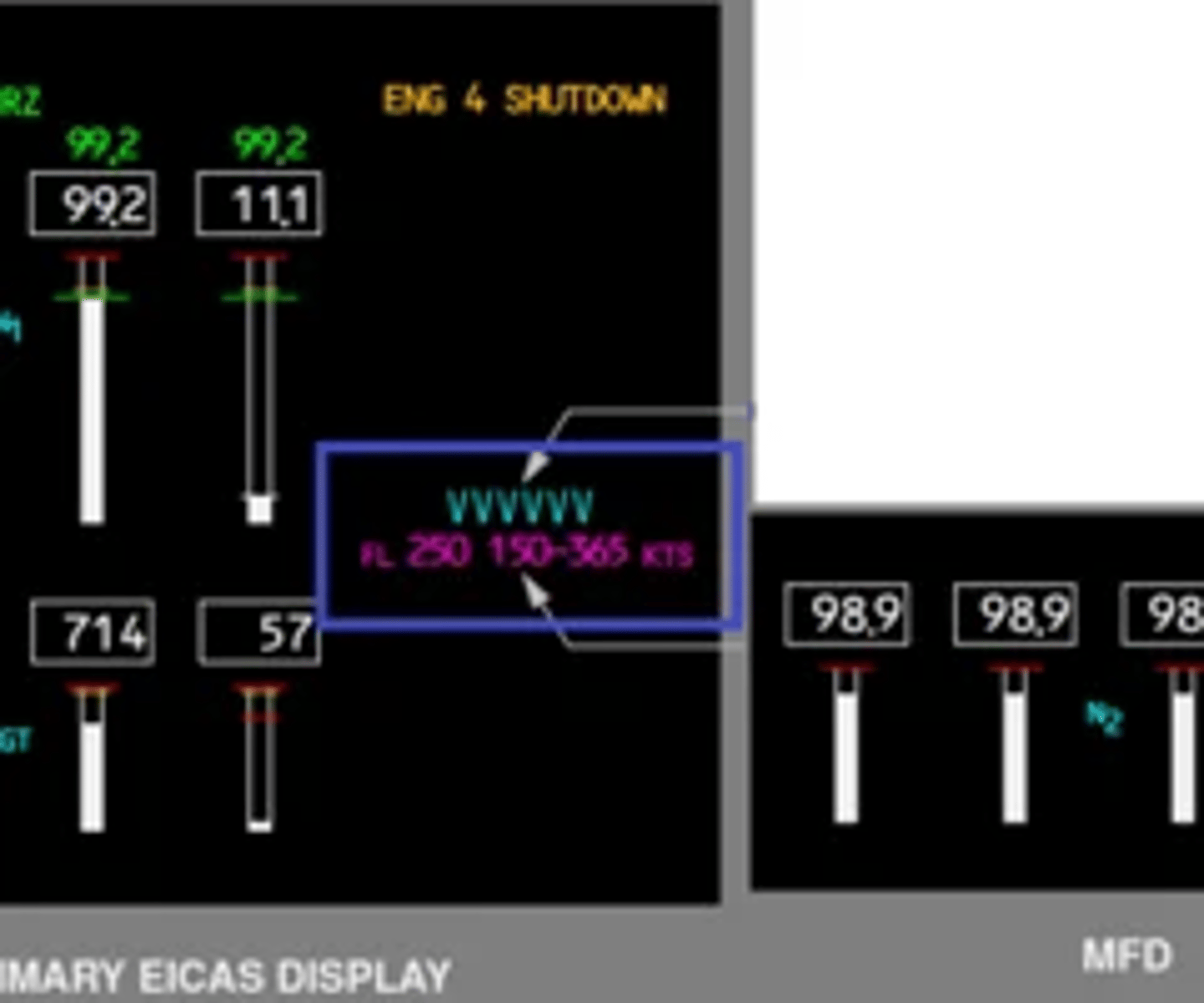 <p>An in-flight start envelope displays on primary EICAS and the secondary engine indications display when a Fuel Control switch is moved to CUTOFF in flight. The in-flight start envelope displays the airspeed range to ensure an in-flight start at the current flight level. If the current flight level is greater than the maximum start altitude, the maximum start altitude and respective airspeed range display. X-BLD displays next to the N2 indication if crossbleed air is necessary for start.</p>