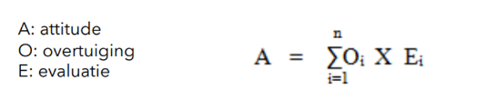 <ul><li><p>Attitude wordt opgevat als samenstel van cognitieve en evaluatieve aspecten.</p></li><li><p>Cognitieve aspecten verwijzen naar het besef van de aan- of afwezigheid van een kenmerk.</p></li><li><p>De evaluatieve aspecten hebben betrekking op de waardering van de consument voor die kenmerken.</p></li><li><p>De totale attitude komt overeen met de gewogen som van de overtuigingen.</p></li></ul>