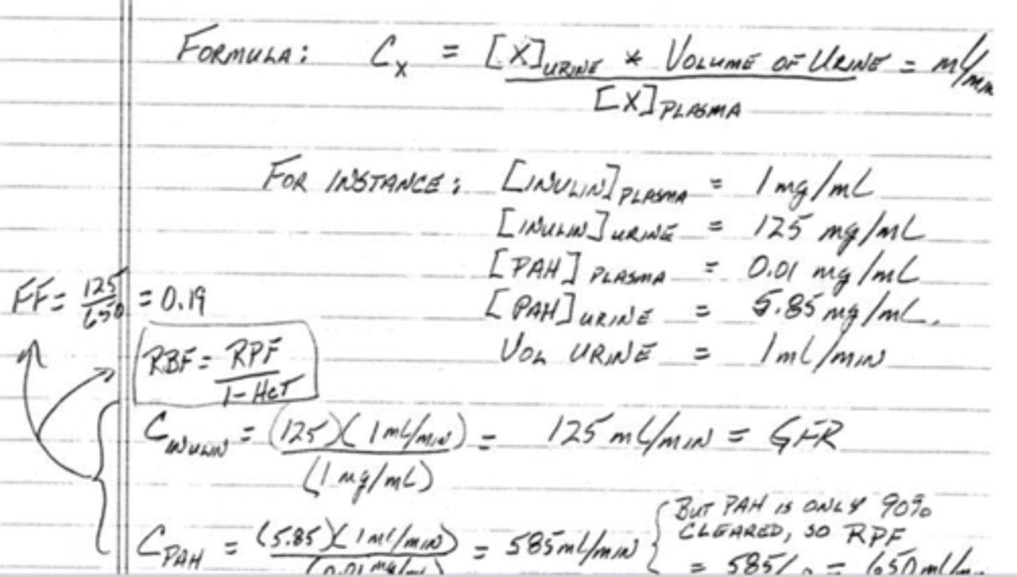 <p>Cx = ([substance in urine] * (volume of urine))/[substance in plasma]</p>