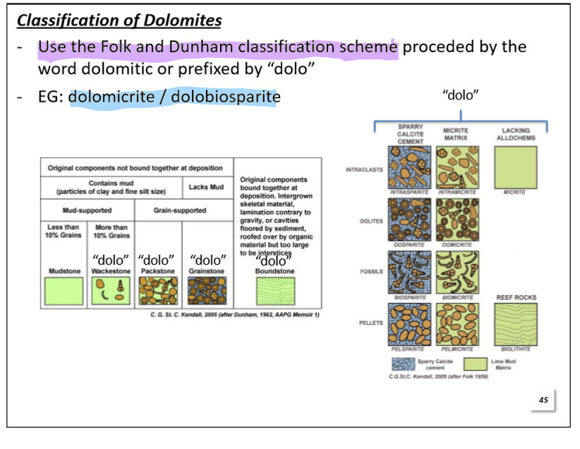 <p>Use the Folk and Dunham classfication scheme prefixed by the word “dolo-“</p><p>Example: dolomicrite/dolobiosparite</p>
