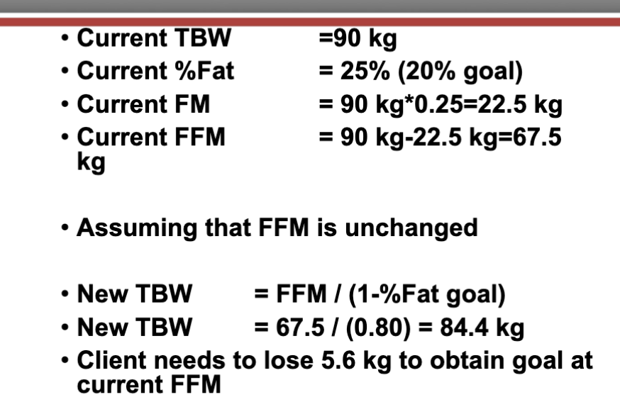 <ul><li><p>assess current body weight</p></li><li><p>assess current % fatness</p></li><li><p>choose reasonable goal </p></li></ul><p>ex: 25 yr old male, 90kg, 25% goal is 20% fat </p><p></p>