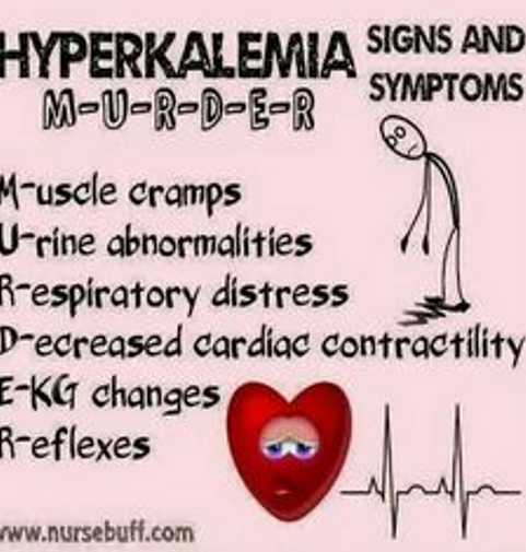 <ul><li><p><strong>Serum K+ <u>greater than 5.8</u> mmol/L</strong></p></li><li><p><strong>Causes:</strong></p><ul><li><p>Renal insufficiency</p></li><li><p>Too much potassium in IVF</p></li><li><p>Blood transfusions</p></li></ul></li><li><p><strong>Symptoms:</strong></p><ul><li><p>Weakness</p></li><li><p>Increased GI motility</p></li><li><p>Tachycardia/Arrhythmias</p></li><li><p>Oliguria/Anuria</p></li></ul></li><li><p><strong>Management:</strong></p><ul><li><p>Prevention</p></li><li><p>IVF</p></li><li><p>Monitor cardiac, musculature, renal, and GI systems</p></li></ul></li></ul><p></p>