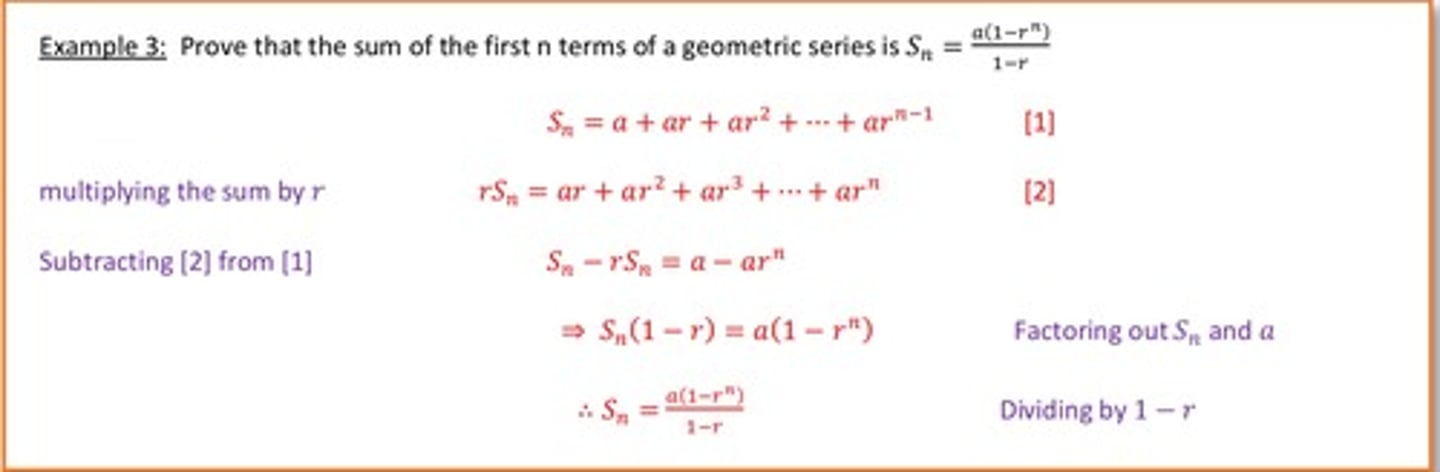<p>Sn = a + ar + ar^2</p><p>rSn = ar + ar^2 + ar^3</p><p>Sn - rSn = a - ar^n</p><p>Sn(1-r) = a - ar^n</p><p>Sn= (a-ar^n)/(1-r)</p>