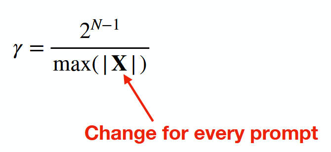 <ul><li><p>Activations <span style="color: yellow">change with every new prompt</span> → quantization scale has to be set for every new input.</p></li></ul><p></p>