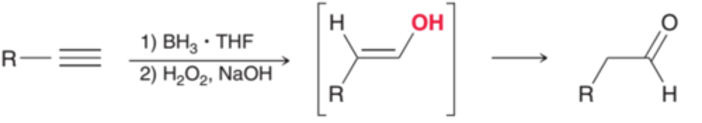 <p>follows anti-Markovnikov addition; the OH group adds to the less substituted carbon</p><p>forms an enol, which immediately rearranges to form a more stable ketone/aldehyde</p>