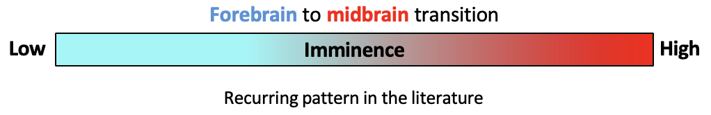 <ul><li><p>forebrain to do with planning </p></li><li><p>midbrain evolutionarily shared </p></li></ul><p></p>
