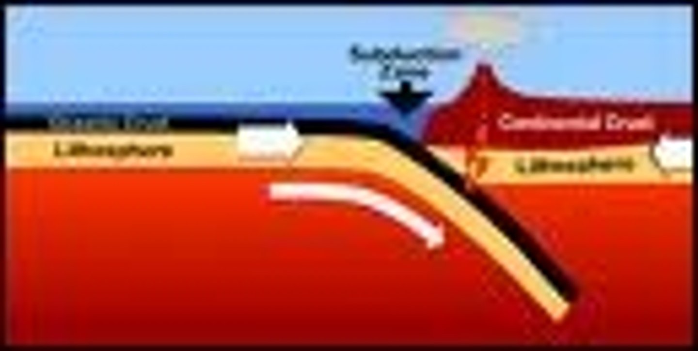 <p>the sinking of a dense plate (oceanic) into the mantle</p>