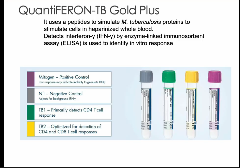 <p>measures (interferon y) IFNy by enzyme linked immuno absorbant assay (ELISA) is used to identify in votro response </p><p>usues peptides to stimulate tb proteins to stimulate cells in whole blood </p>