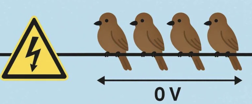 <p>there is little to no voltage drop between a bird’s feet but there is a significant voltage drop between the top of the ladder on the powerline and the bottom on the ground</p><p></p><p>When a ladder is placed between the ground and the wire, it creates a path for the current to flow from the high-voltage wire to ground (zero voltage). This large potential difference will enable a large current to flow through the ladder.</p>