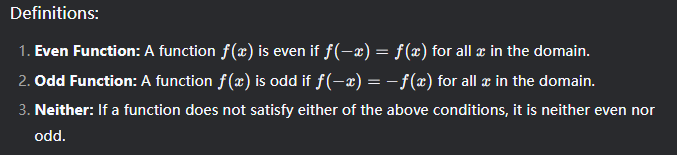 <ol><li><p><strong>(1):</strong> The function <span>f(x)=2sin⁡x * cos⁡x<em> </em></span>is <strong>odd</strong>.</p></li><li><p><strong>(2):</strong> The function <span>f(x)=3sin⁡^2x * cos⁡x + sec⁡x</span> is <strong>even</strong>.</p></li></ol><p></p>