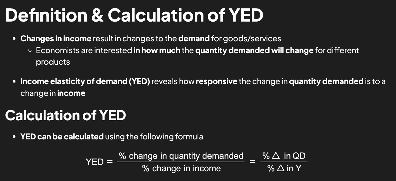 <ul><li><p><strong>Income elasticity of demand (YED) </strong>reveals how <strong>responsive</strong> the change in <strong>quantity demanded</strong> is to a change in <strong>income</strong></p></li></ul><p></p>