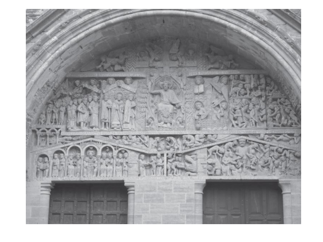 <p>“a rounded sculpture placed over the portal of a medieval church”</p>