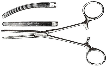 Used to clamp and crush tissue bundles that contain blood vessels. Longitudinal grooves and cross grooves at the tip.