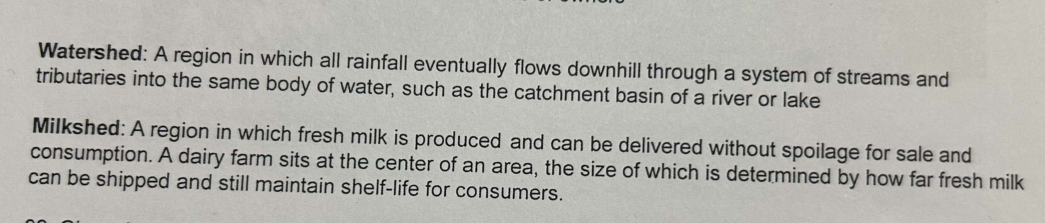 <p>Watersheds and milkshed are defined as what type of region?</p>