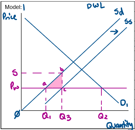<p><strong>Subsidy Definition:</strong> Cash payments from governments to business to encourage the production of goods &amp; service.</p><p>A subsidy is a cash payment from government to business to encourage the production of domestic goods &amp; services. For example, the automotive transformation scheme for Australian car producers like holden &amp; ford. In model 1, the implementation of a subsidy to domestic producers will shift the supply curve to the right from Sd to Ss as they receive the payment from the government &amp; their cost of production decreases. This causes the price to remain the same at Pw. Domestic consumption remains unchanged at Q2 &amp; imports decrease from Q1Q2 to Q3Q2. Domestic production increases from Q1 to Q3 &amp; domestic producer revenue increases from Pw x Q1 to S x Q3. Foreign producer revenue decreases from Pw(Q2-Q1) to Pw(Q2-Q3). Government expenditure on the subsidy is SbcPw &amp; producer surplus increases from Pwa∅ to Sb∅. Therefore the increase in producer surplus is less than the size of the subsidy which creates a deadweight loss at abc. As there is deadweight loss present, the market is inefficient &amp; economic welfare decreases. Subsidies result in resource distortion as resources are diverted towards protected industries creating a high opportunity cost as it may not be the most efficient use of those resources. As domestic producers increase their production this will result in an increase in employment in these industries.</p>