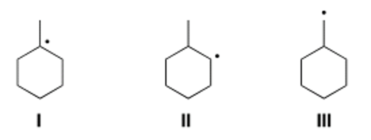 <p>Rank the following radicals in order of increasing stability, putting the least stable first.</p><p>A) III &lt; I &lt; II</p><p>B) I &lt; II &lt; III</p><p>C) III &lt; II &lt; I</p><p>D) I &lt; III &lt; II</p>
