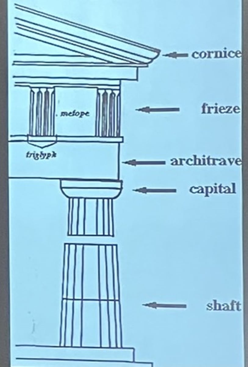 <p>-oldest, simplest, most massive</p><p>-columns placed close together, often no bases</p><p>-plain capitals</p><p>-entablatures have metopes and triglyphs</p>