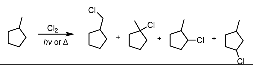 <p>What’s added: 1 Cl atom </p><p>Intermediate: Radical Intermediate </p><p>Rearrangement: Not possible</p>