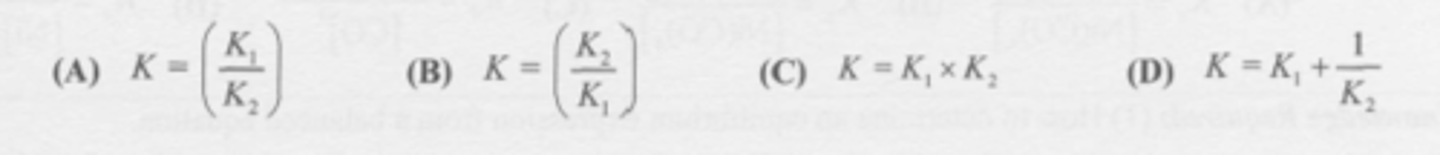 <p>Consider the equilibrium reactions:</p><p>K1</p><p>2SO2 (g) + O2 (g) <--> 2SO3 (g)</p><p>K2</p><p>2CO (g) + O2 (g) <--> 2CO2 (g)</p><p>What is the equilibrium constant, K, for this reaction?</p><p>2SO2 (g) + 2CO2 (g) <--> 2SO3 (g) + 2CO (g)</p>