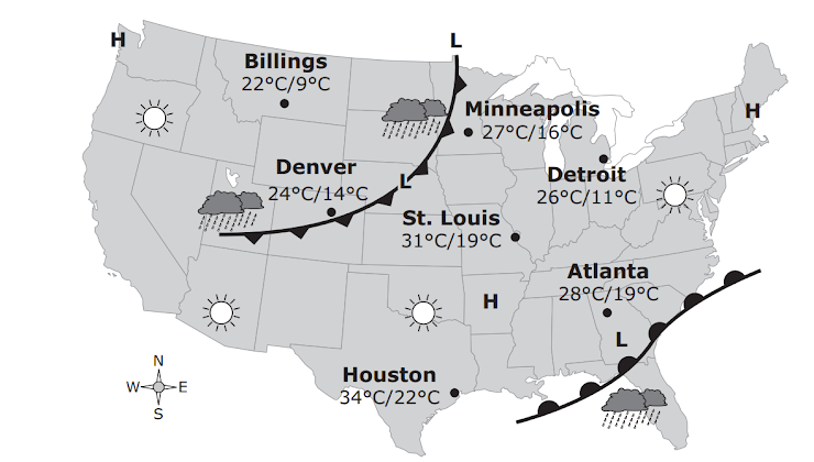 The weather map shows the weather conditions for one day across the United States. Based on the weather map, which city will most likely experience decreasing temperatures during the next 24 hours?
