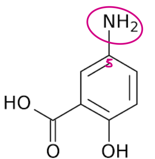 <p>- 5-ASA</p><p>- 1st line therapy for mild - moderate</p><p>- used in combo with glucocorticoid for severe</p><p>- PO or suppositories</p><p>- activity limited to lining (local effect)</p>