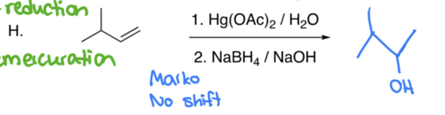 <p>- Addition of H and OH</p><p>- Markovnikov, no carbocation (no shift)</p><p>- Makes and alcohol like hydration and hydroboration-oxidation, but this may be done if no carbocations/shifts are wanted with markovnikov</p><p>- Step 1 Oxymercuration [ Hg(OAc)2 / H2O) ]: Hg-OAc bonds to C with least H and then H2O attacks the C with least H as a nucleophile; the left over OAc- takes an H off of the H2O, leaving it as OH- on the C</p><p>- Step 2 Reduction [ (NaBH4) / (NaOH) ]: The C-Hg bond is replaced with a C-H bond with the H coming from BH4</p>