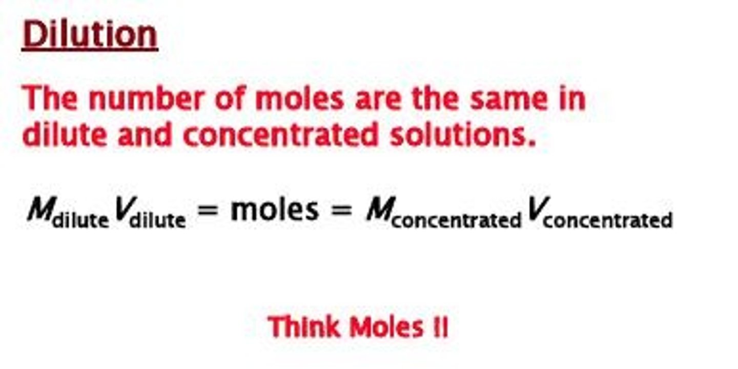 <p>Preparation of dilute solution (i.e., low solute-to-solvent ratio) by adding solvent to a given volume of stock solution.</p>