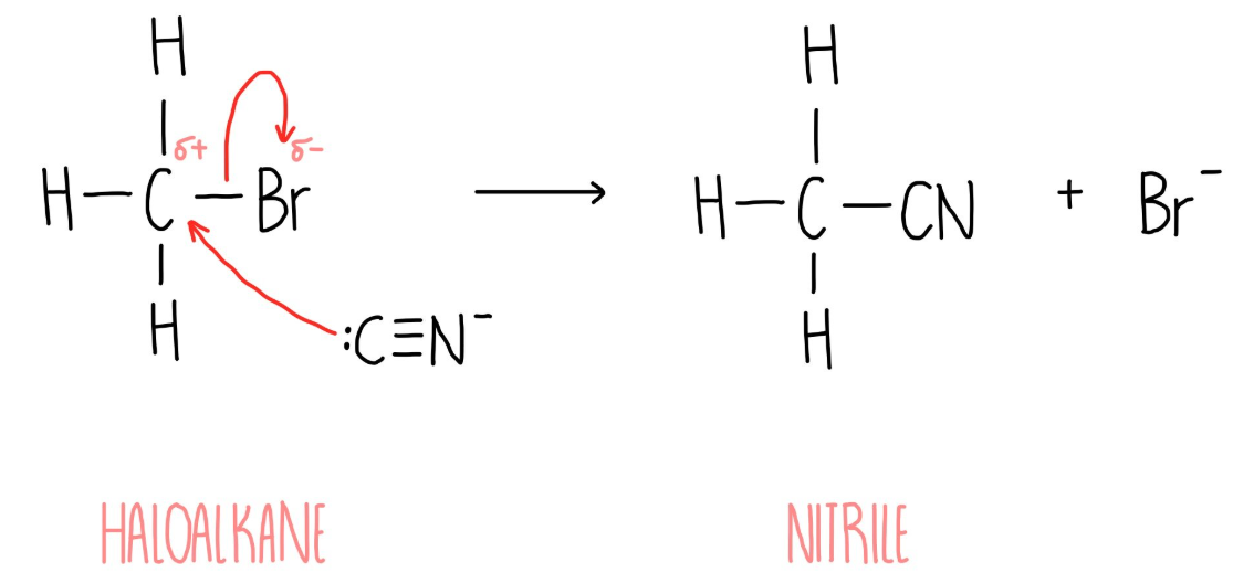 <ul><li><p>Conditions: warm and alcoholic</p></li><li><p>Reaction mechanism: Nucleophillic substitution</p></li><li><p>Form: Nitrile</p></li><li><p>Reagent: KCN (potassium cyanide)</p></li><li><p>Nucleophile: <sup>-</sup>:CN</p></li><li><p>KEY: There is an extra C when adding <sup>-</sup>:CN to carbon chain.</p></li></ul><p></p>