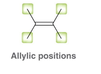 <p>one atom away from a C=C double bond</p>