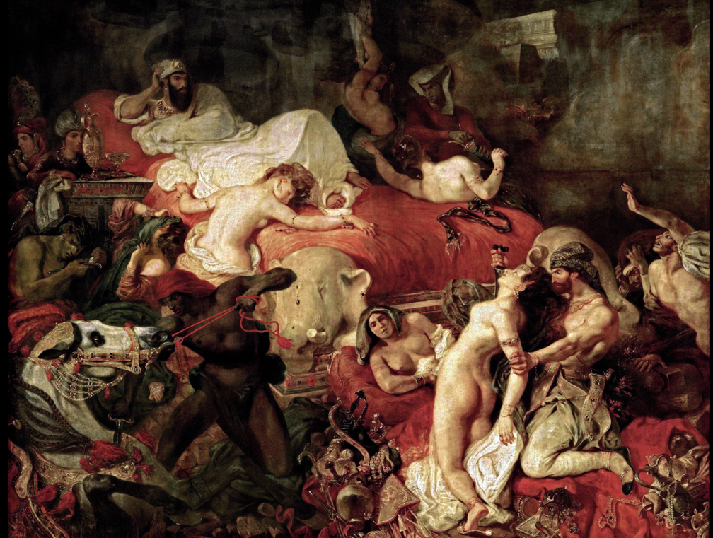 <p>Eugène Delacroix, The Death of Sardanapalus, 1827, oil on canvas, 12 ft 10 in x 16 ft 3 in. (3.92 x 4.96m)</p><p></p><p>What are the piece’s form, function, content, and context?</p>