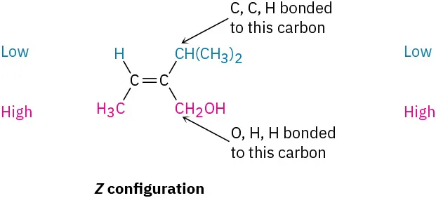 <p><span>The left-hand carbon has −H and −CH</span><sub>3</sub><span> substituents, of which −CH</span><sub>3</sub><span> ranks higher by sequence rule 1. The right-hand carbon has −CH(CH</span><sub>3</sub><span>)</span><sub>2</sub><span> and −CH</span><sub>2</sub><span>OH substituents, which are equivalent by rule 1. By rule 2, however, −CH</span><sub>2</sub><span>OH ranks higher than −CH(CH</span><sub>3</sub><span>)</span><sub>2</sub><span> because the substituent −CH</span><sub>2</sub><span>OH has an oxygen as its highest second atom, but −CH(CH</span><sub>3</sub><span>)</span><sub>2</sub><span> has a carbon as its highest second atom. The two higher-ranked groups are on the same side of the double bond, so we assign a </span><em>Z</em><span> configuration.</span></p>