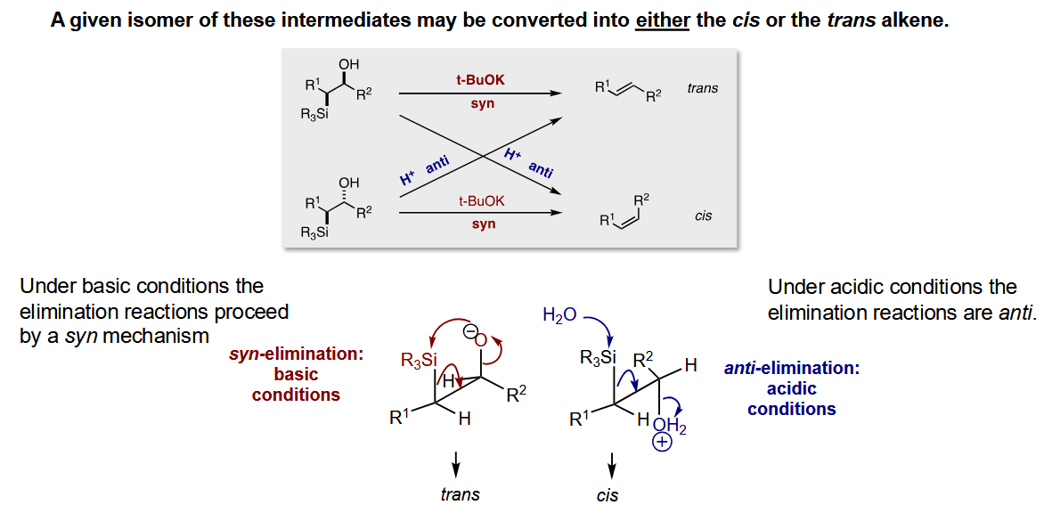 <p>Use either of them to form cis or trans alkenes.</p><p>Depending on whether you use acid or base, the mechanism changes which geometry of alkene forms. Flipping one of the stereocentres means the geoemtry formed by acid/base swaps.</p>