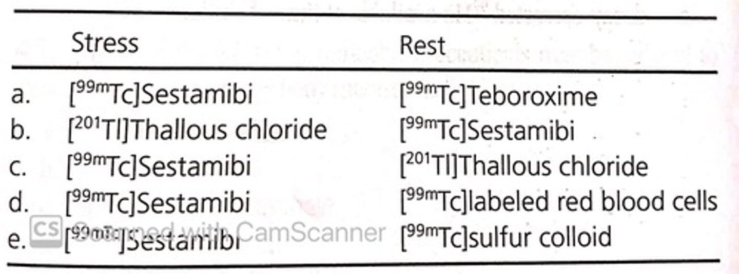 <p>c. REST: [99mTc] Sesatmibi. STRESS: [201-Tl] Thallous chloride</p>