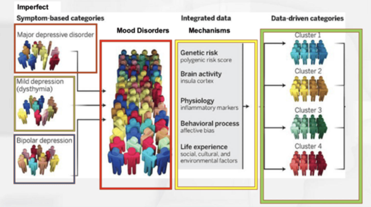 <p>Attempts to move away from the categorical psychopathology of DSM in favor of a dimensional approach based on research.</p><p>Looks at basic domains of human functioning at multiple levels of analysis to identify mechanisms that give rise to</p><p>disordered thoughts, emotions, and behaviors.</p><p>"Underlying all forms of psychopathology are 'problems' aka the 'domains' we should be studying - let's create a diagnostic system to understand all these things and not just symptoms."</p>