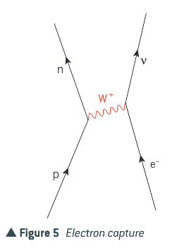 <p>Sometimes a proton in a proton-rich nucleus turns into a neutron as a result of interacting through the weak interaction with an inner-shell electron from outside the nucleus (electron capture).</p><p>The same change can happen when a proton and an electron collide at very high speed. In addition, for an electron with sufficient energy, the overall change could also occur as a W<sup>-</sup> exchange from the electron to the proton.</p>