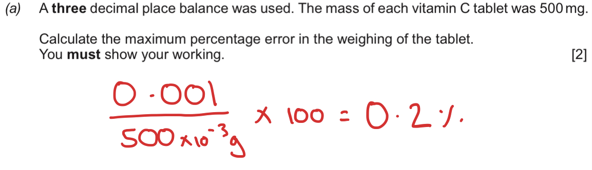 <p>% error = no. of readings x 0.05/ titre (volume)</p><p>Use more concentrated stock solution of Sodium Carbonate.</p>