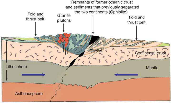 <ul><li><p>Crumpling</p></li><li><p>Nothing gets pushed into the mantle</p></li><li><p>Resulting structure tends not to be very volcanic</p></li></ul><p></p>