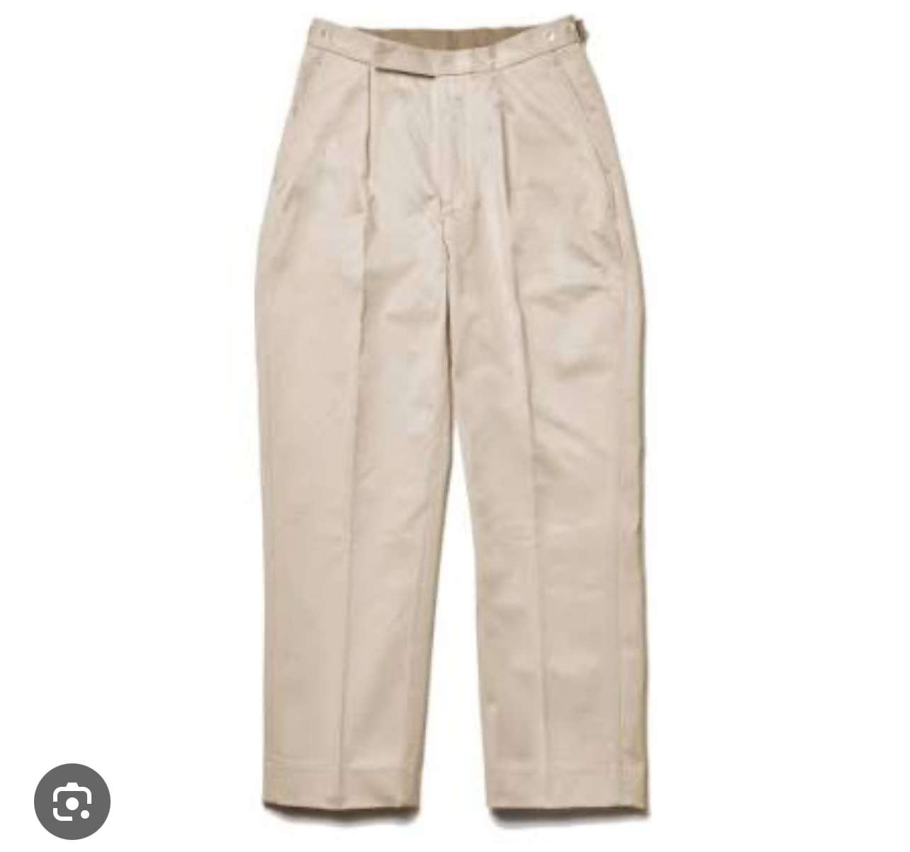<p>Khaki colored twill, weave cotton trousers with small belt and buckle at the back</p>